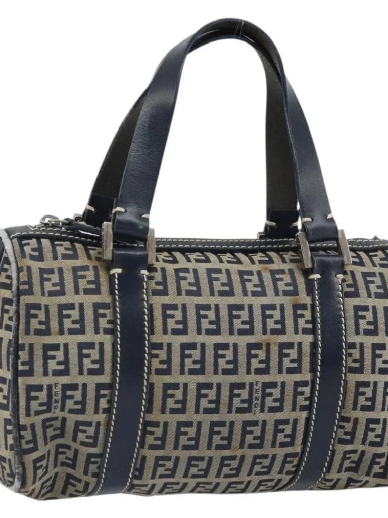 Fendi Zucchino Canvas Hand Bag Navy Silver Auth